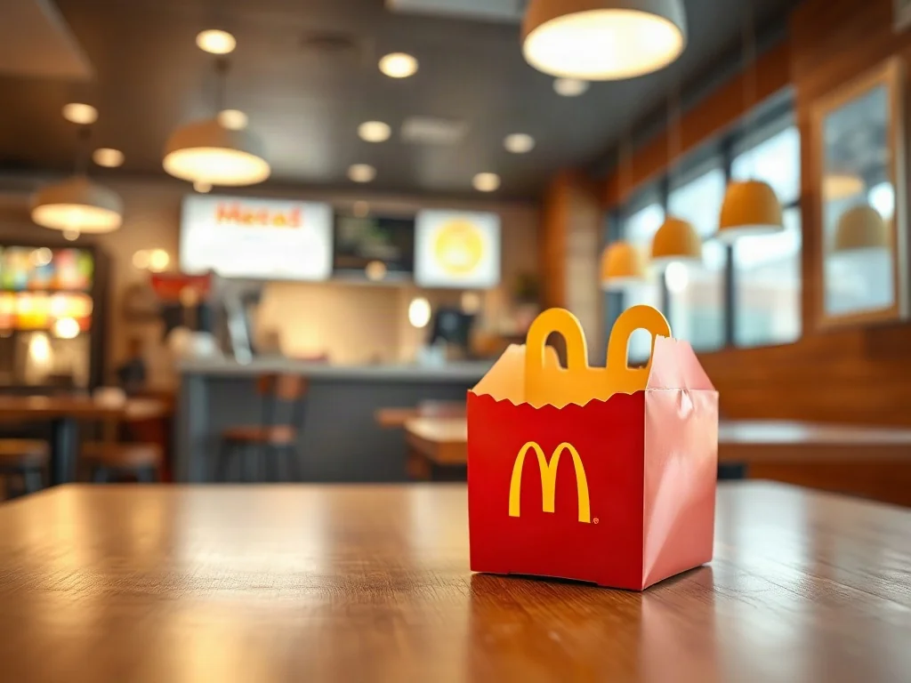 Kolorowe pudełko zestawu Happy Meal na drewnianym stole w restauracji McDonald's.