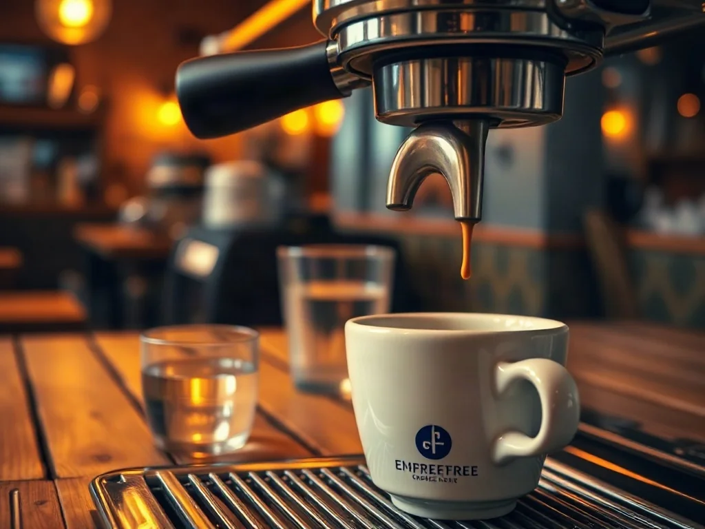Świeżo zaparzone espresso z gęstą cremą oraz szklanka czystej wody na drewnianym stole w kawiarni.