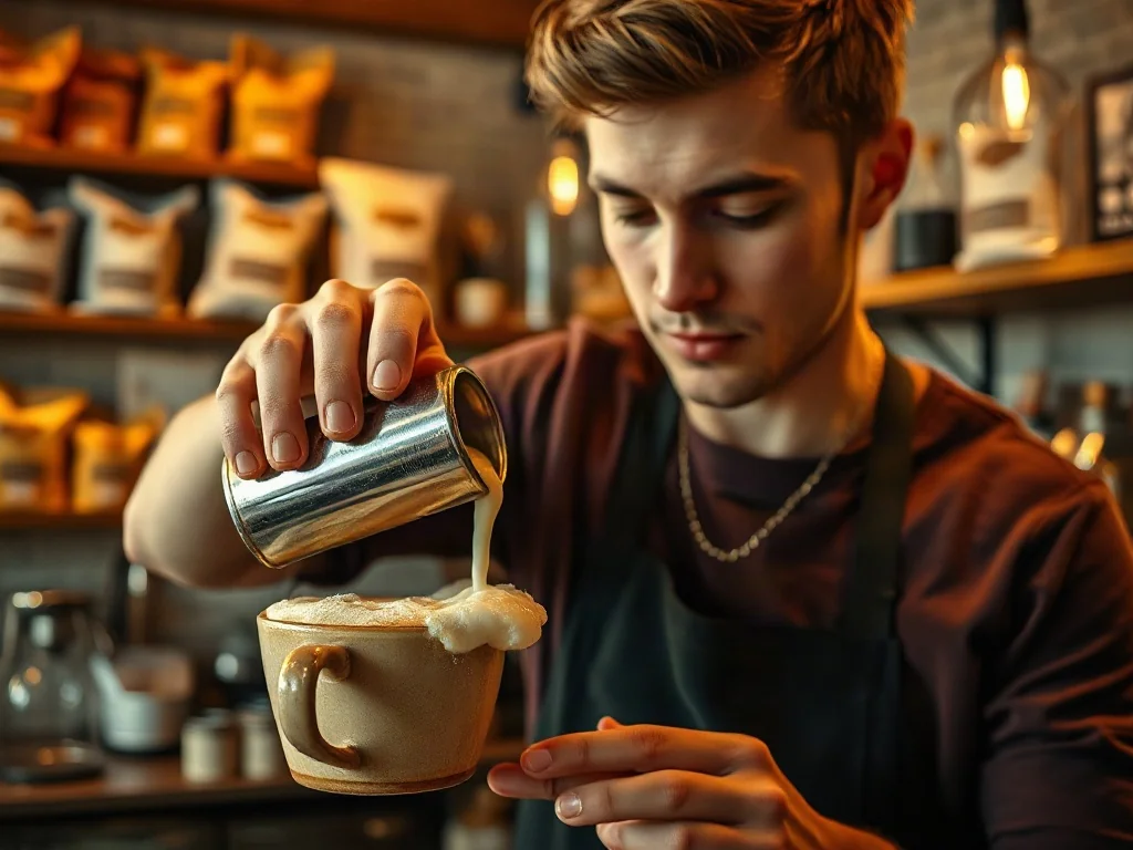 Barista wlewa spienione mleko do filiżanki kawy, tworząc wzór latte art w przytulnej kawiarni.