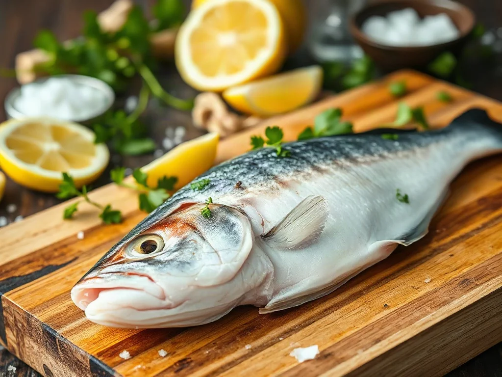 Świeży filet z morszczuka na drewnianej desce w otoczeniu ziół i cytryny. Profesjonalne ujęcie surowej ryby.