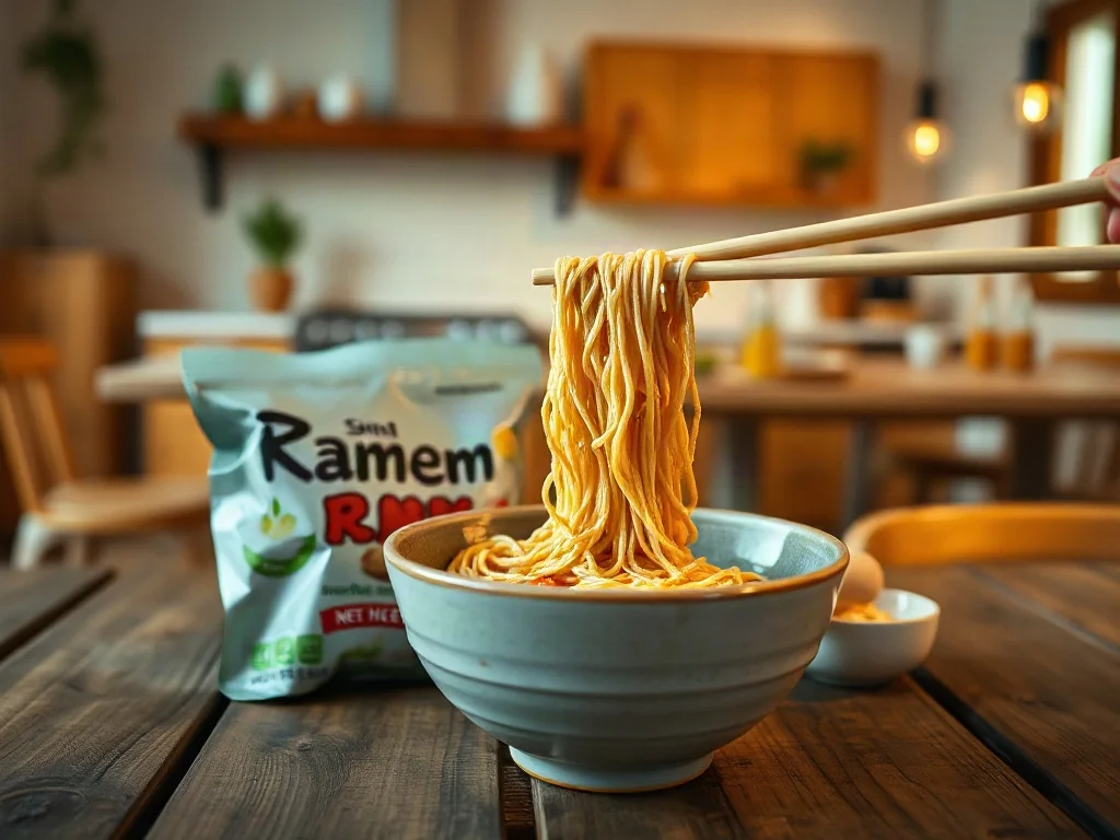 Parująca miska zupy instant z makaronem ramen na drewnianym stole, ukazująca apetyczny wygląd gotowego dania.