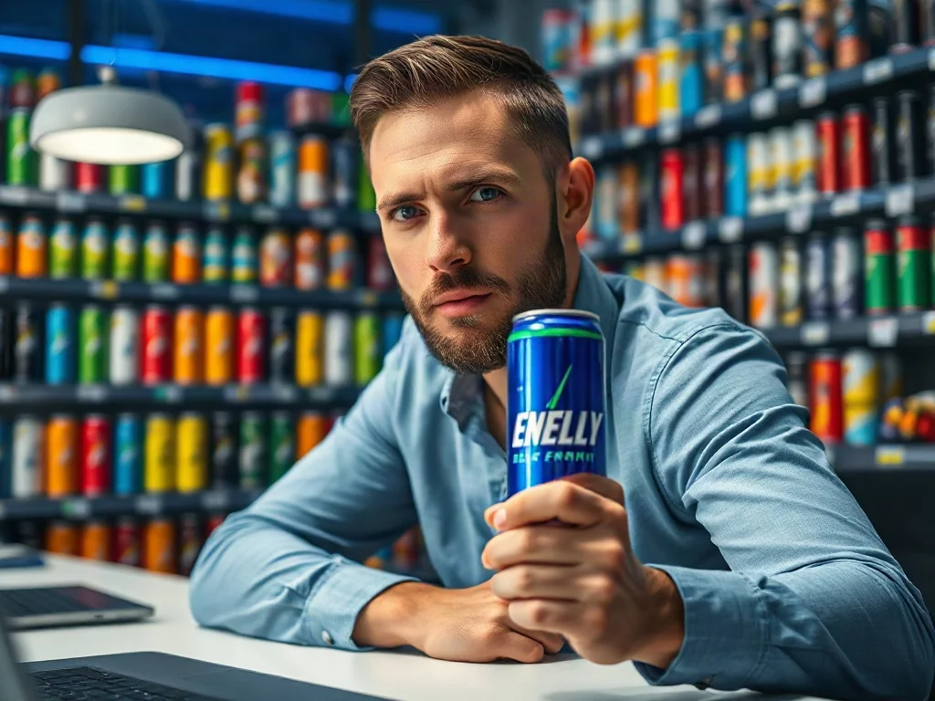 Mężczyzna przy biurku trzyma puszkę napoju energetycznego na tle półek z różnymi produktami tego typu.