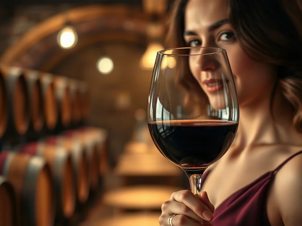 Kieliszek czerwonego wina trzymany w dłoni na tle nastrojowej piwniczki z beczkami. Elegancka atmosfera sprzyjająca degustacji.