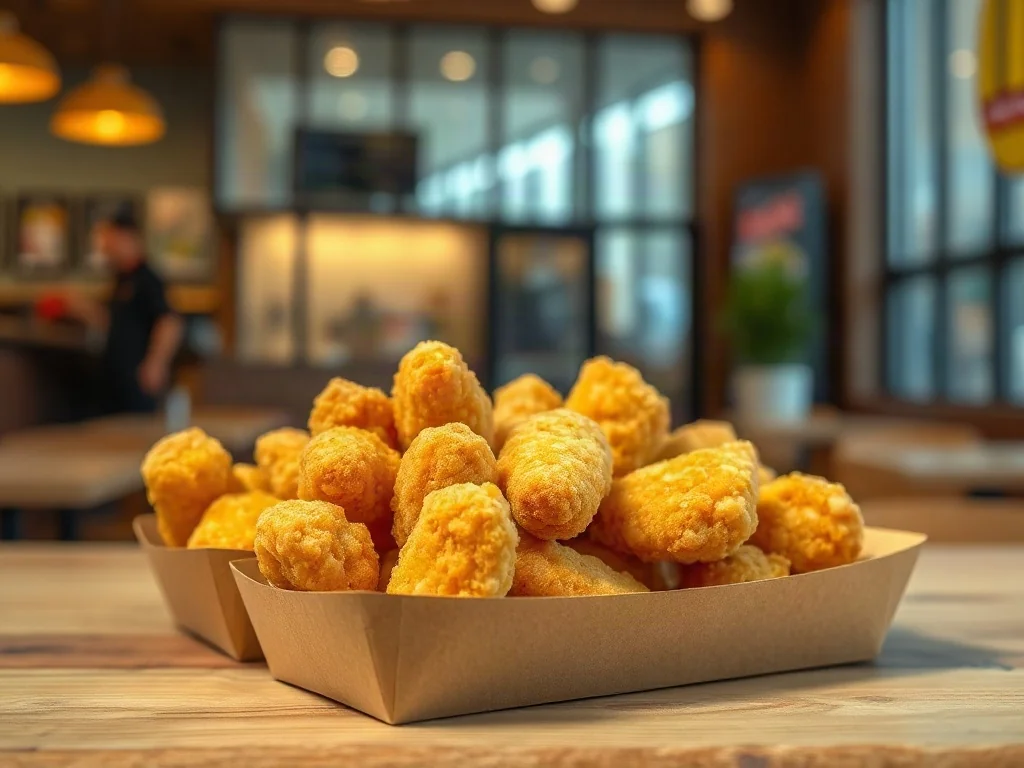 Porcja 20 chrupiących nuggetsów z kurczaka w tekturowym pudełku na drewnianym stole w restauracji McDonald's.